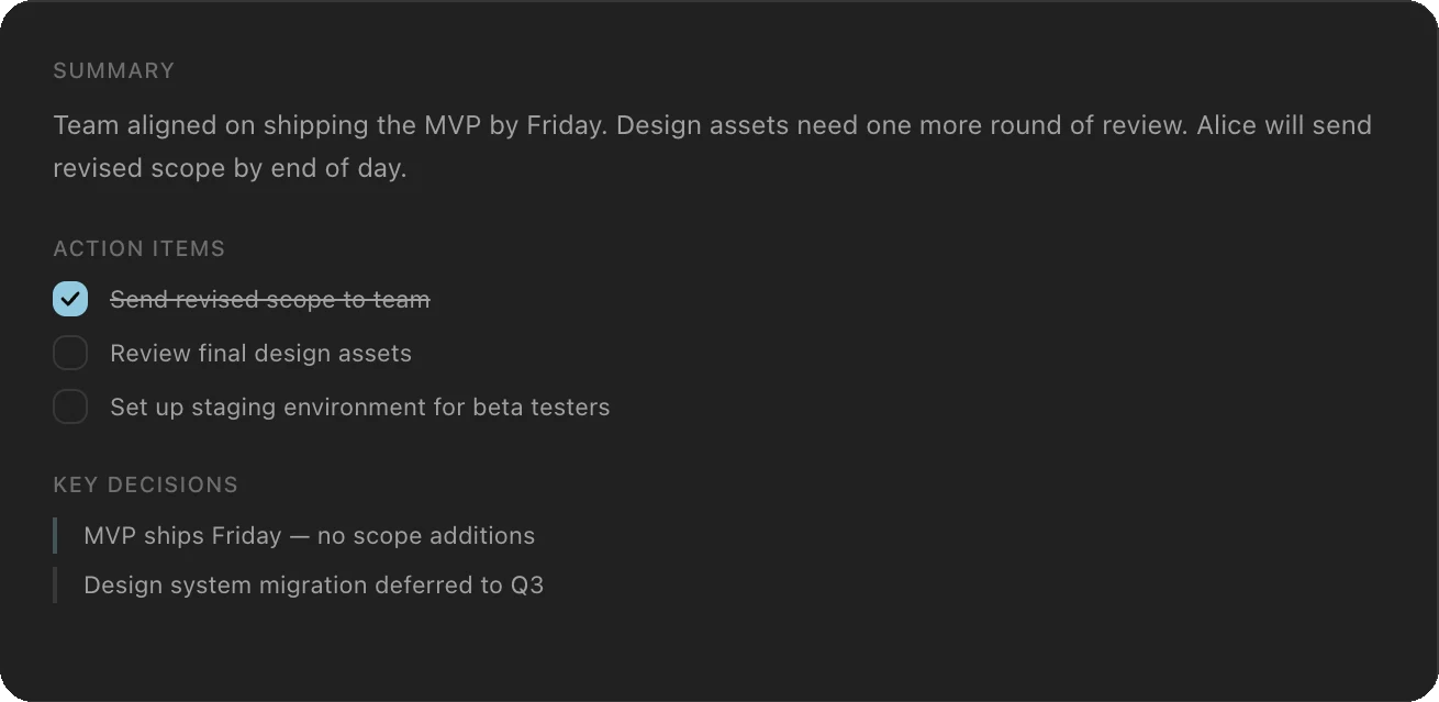Example Thine meeting notes with a summary, action items, and key decisions