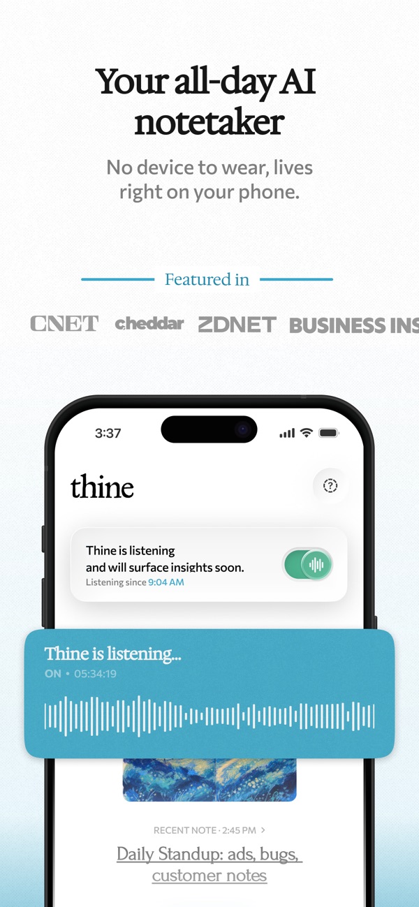 Thine on iPhone, with background recording and a live listening waveform
